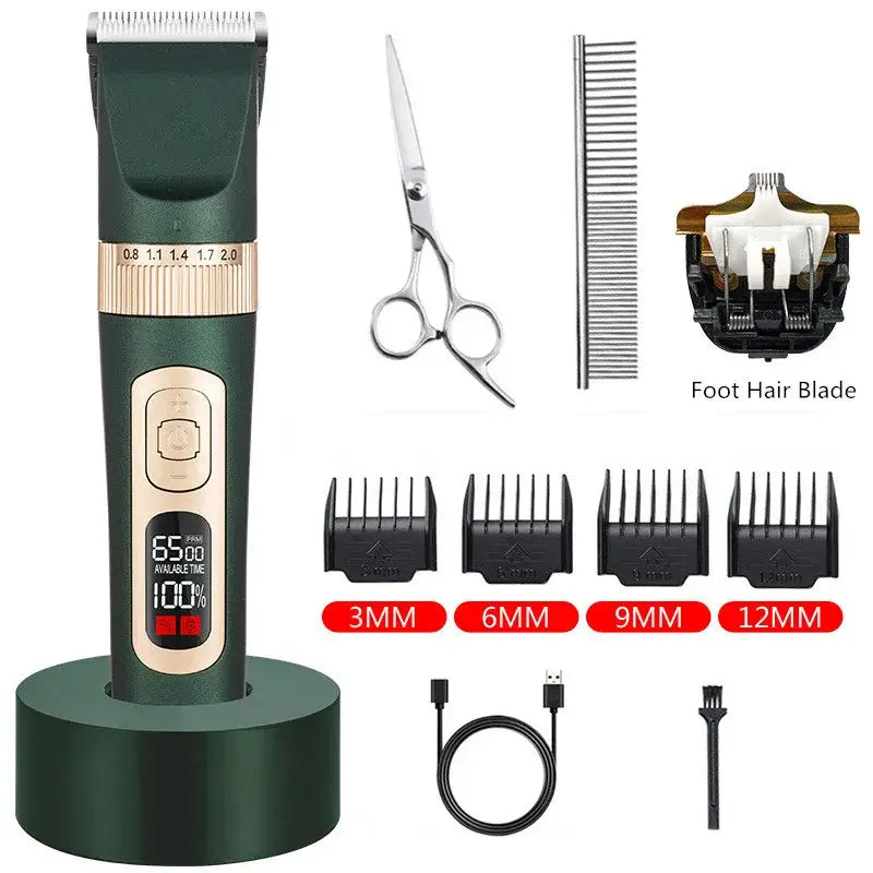 Electric hair clipper with digital display and charging stand.