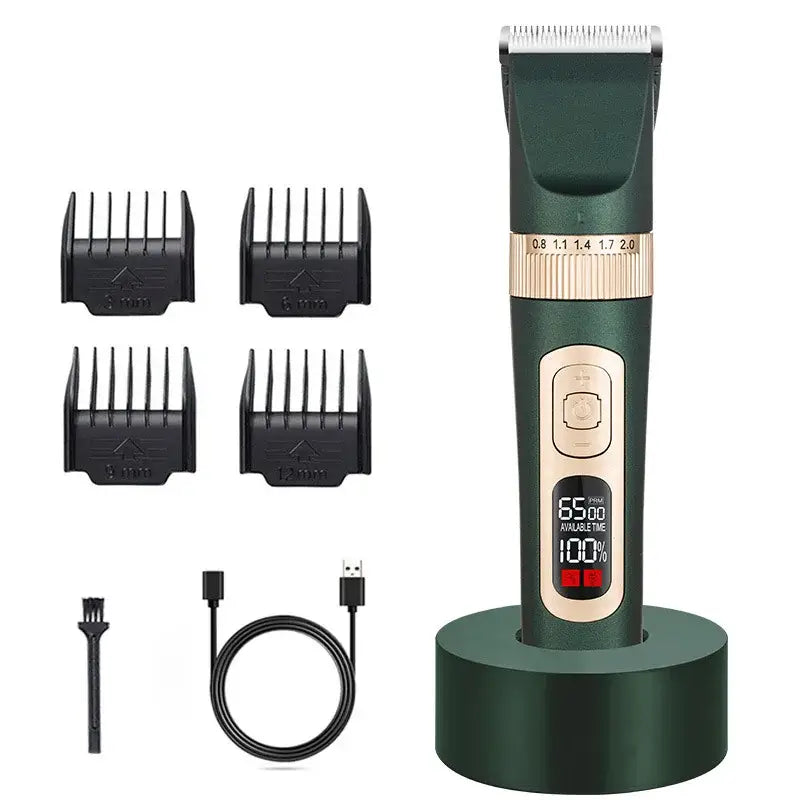 Electric hair clipper with digital display and attachments.