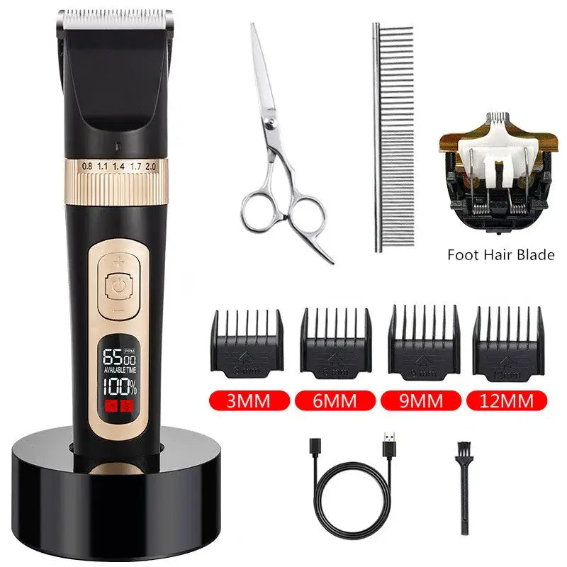 Electric hair clipper with digital display and various attachments.