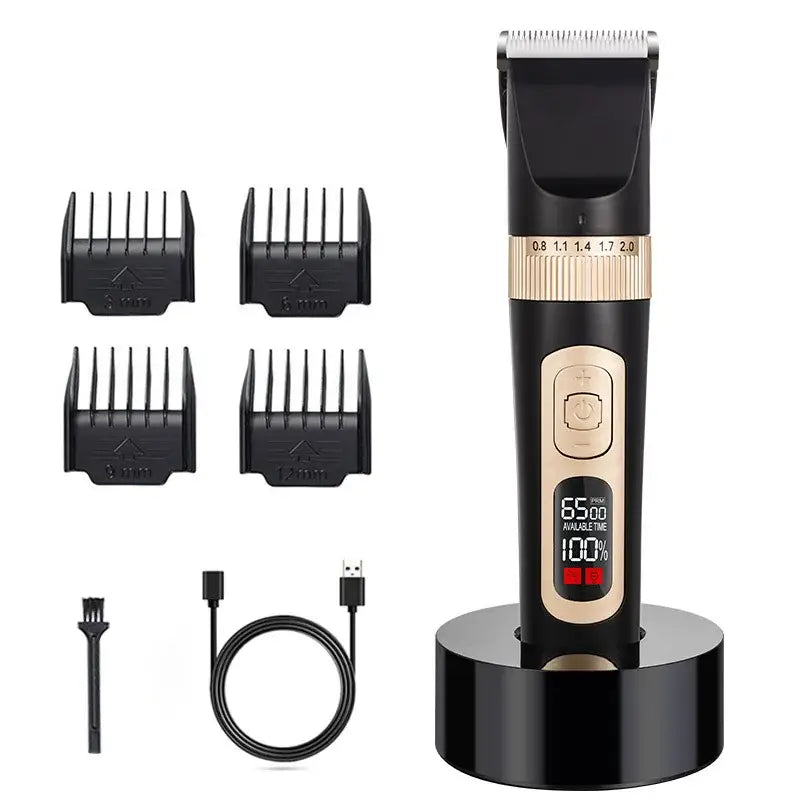 Electric hair clipper with digital display and multiple attachments.