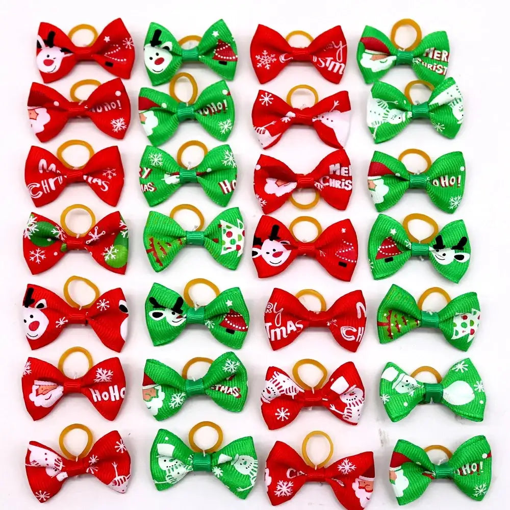 Collection of festive red and green hair bows with Christmas-themed decorations and patterns.