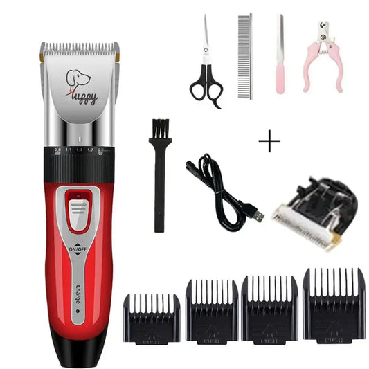 Electric dog grooming clipper with various attachments and accessories.