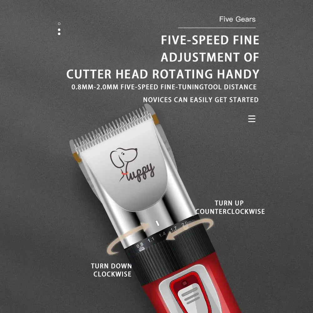 Electric hair clipper with adjustable blade settings and a red handle.