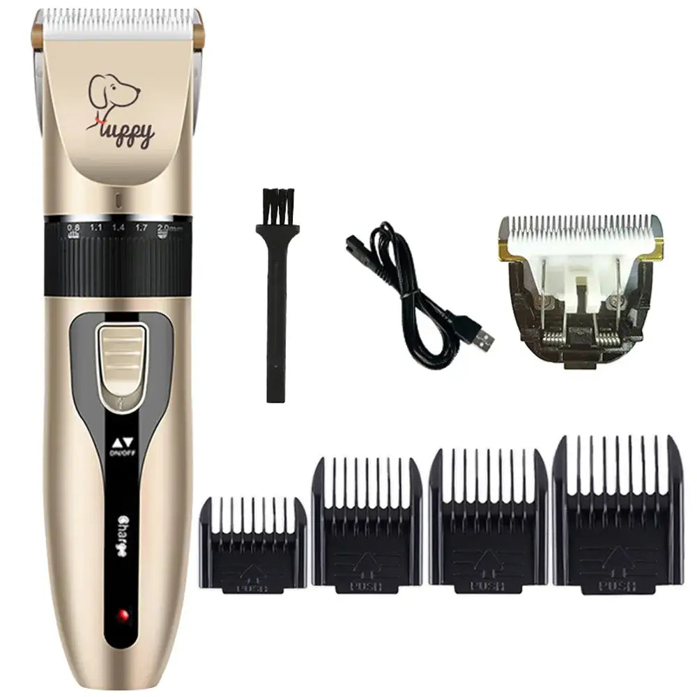 Electric pet grooming clipper with various attachments and accessories.