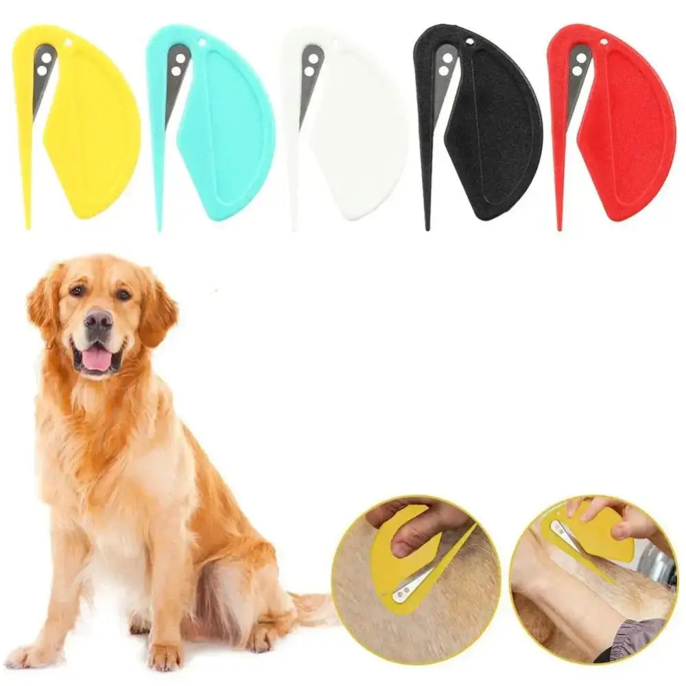 Dog grooming tool with colorful plastic handles and metal combs for removing loose fur.