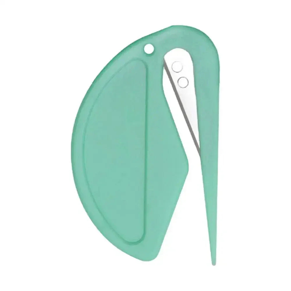 Mint green plastic letter opener with a curved handle and sharp blade.