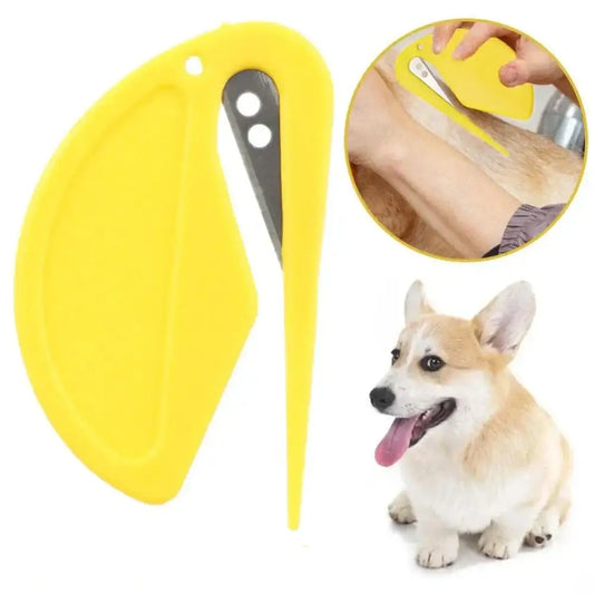 Yellow plastic tool with a curved blade for removing pet hair.