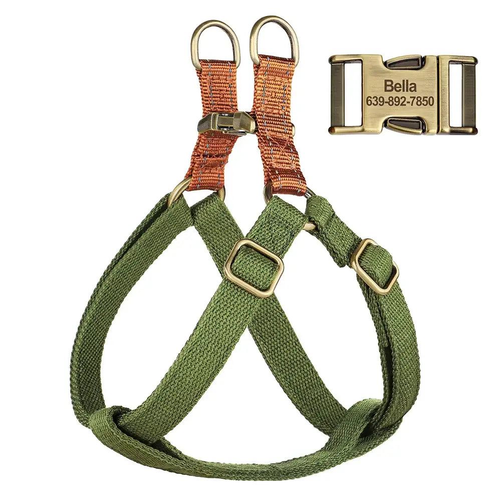 Dog harness with green straps and orange accents.