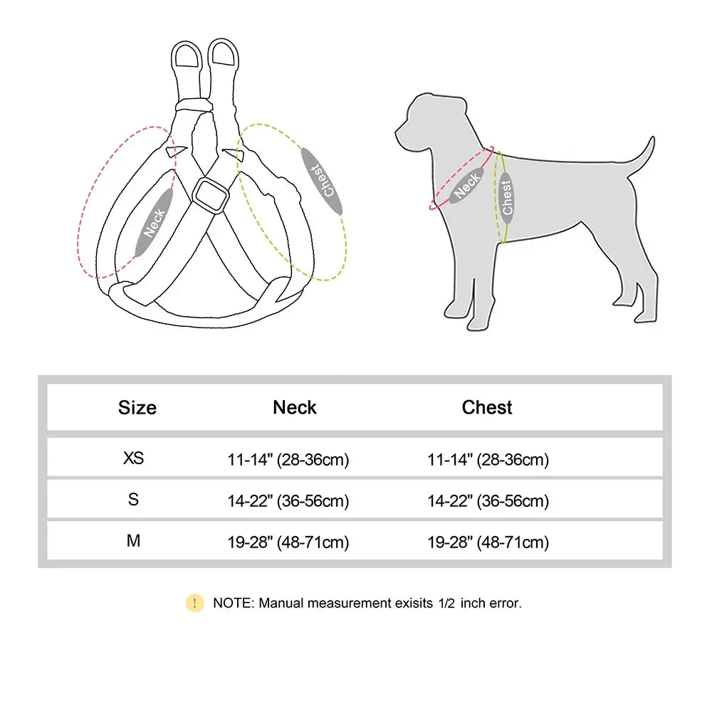 Dog harness sizing guide with measurement instructions and size chart.