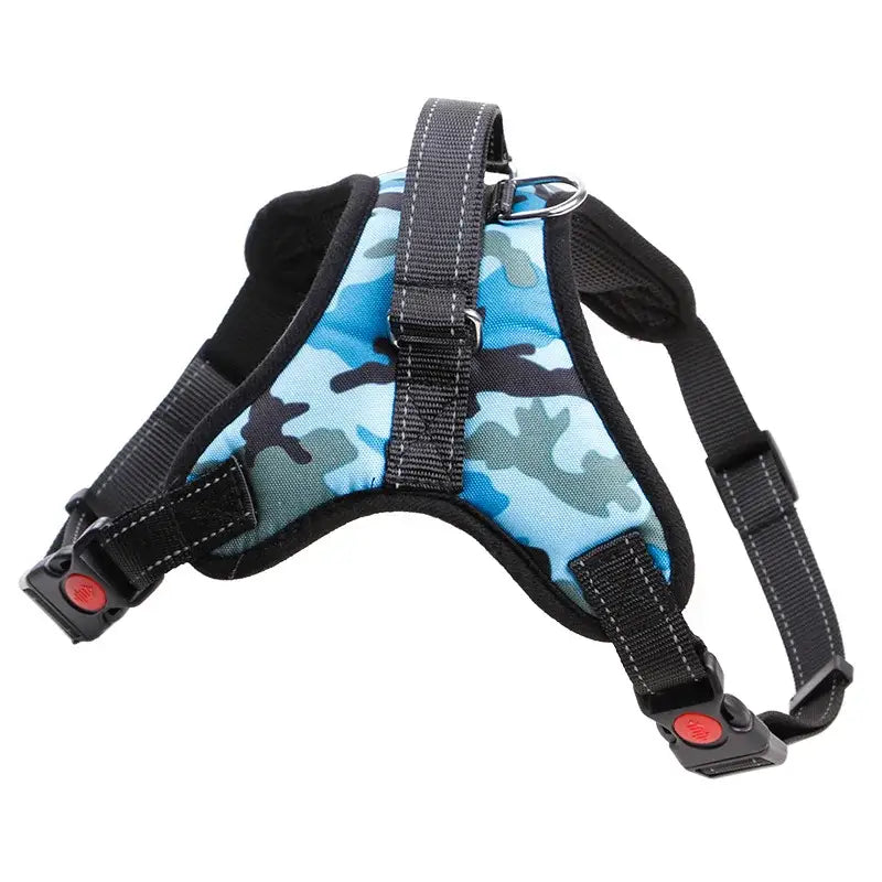 Dog harness with a blue camouflage pattern.