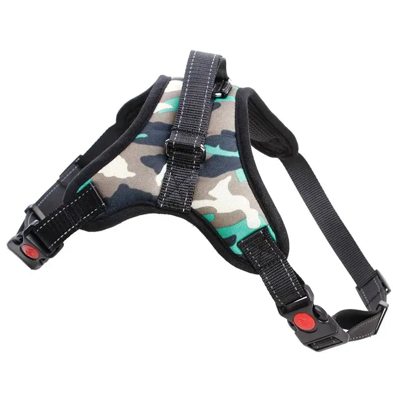 Dog harness with a camouflage pattern and adjustable straps.