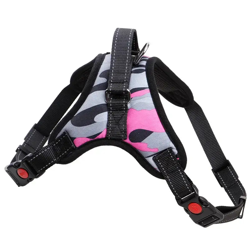 Dog harness with a pink and gray camouflage pattern.