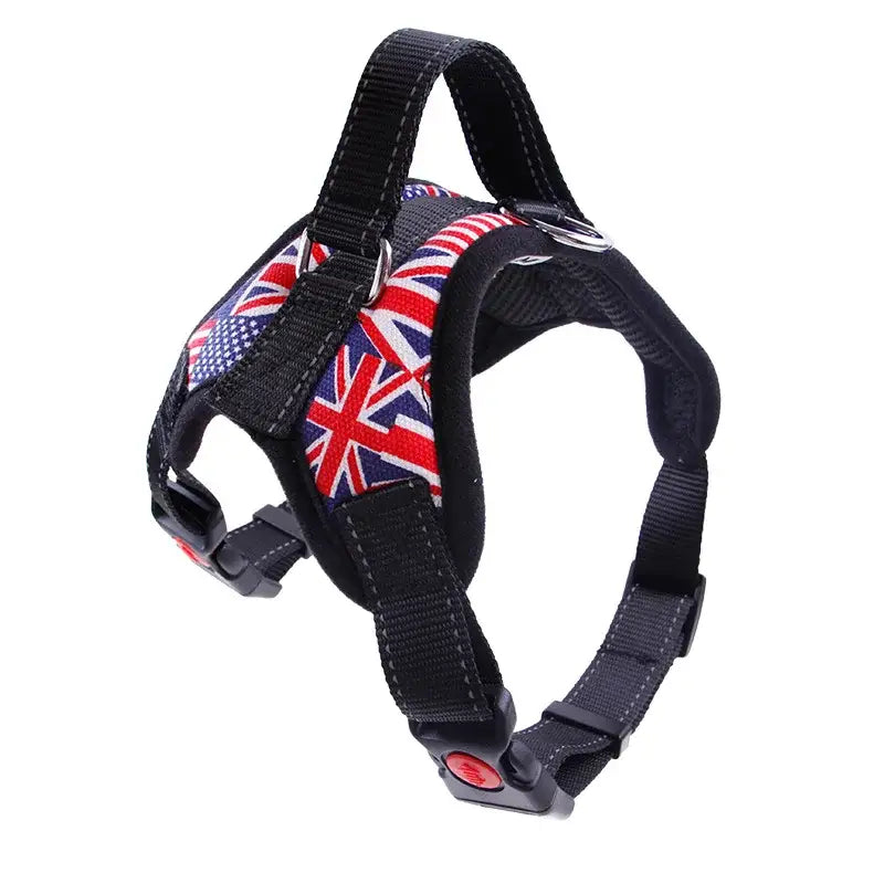 Dog harness featuring a Union Jack flag design.