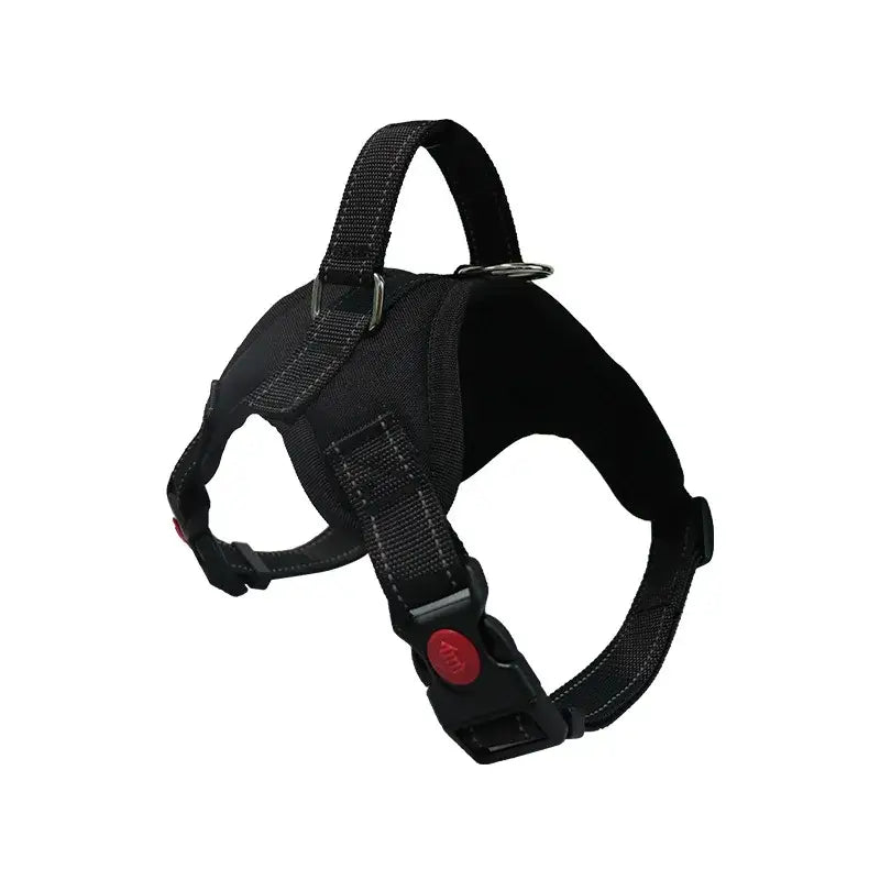 Black dog harness with adjustable straps and a red release button.