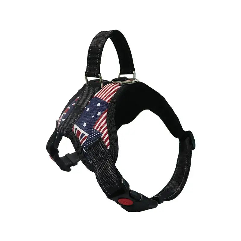 Dog harness with an American flag design.