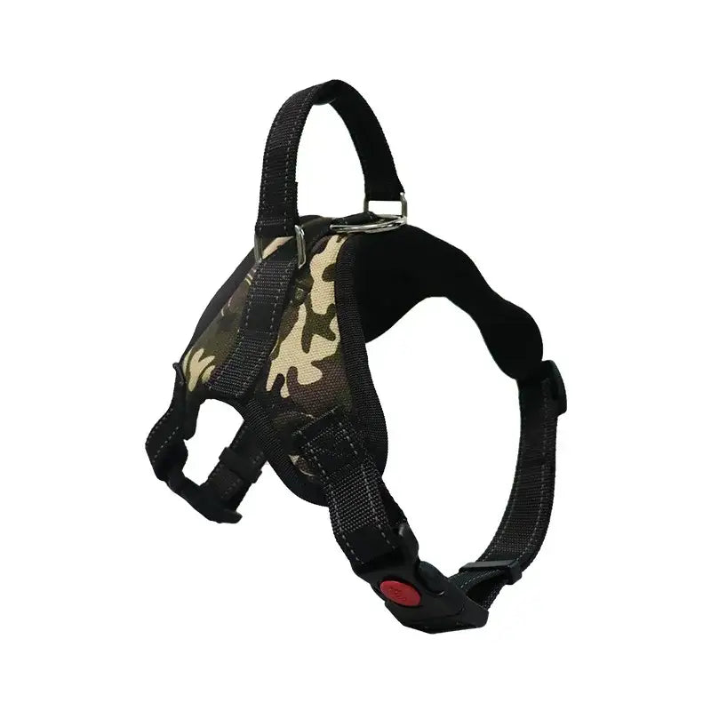 Dog harness with a camouflage pattern and black straps.