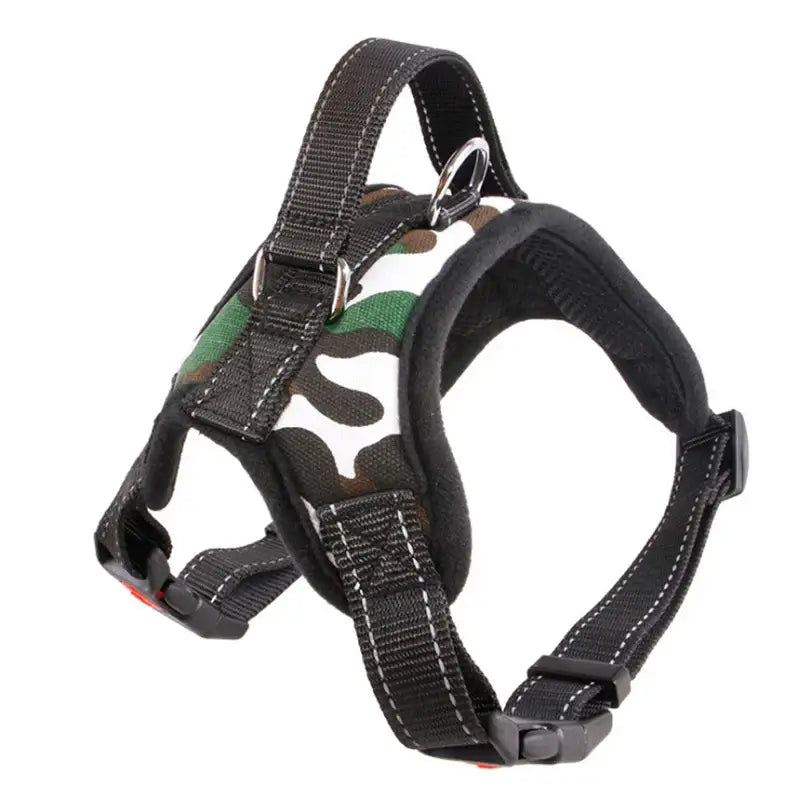 Dog harness with camouflage pattern and adjustable straps.