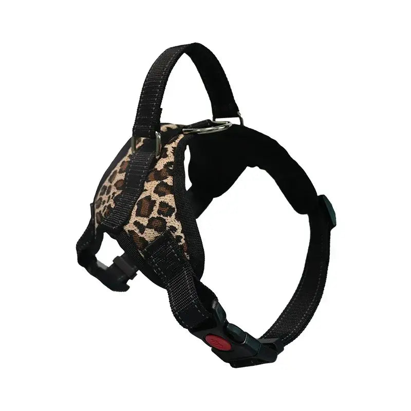 Dog harness with a leopard print pattern and black straps.