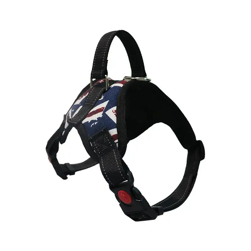 Dog harness with a Union Jack pattern on the side panel.