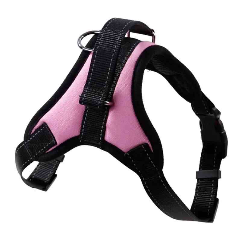 Pink and black adjustable dog harness with straps and buckles.