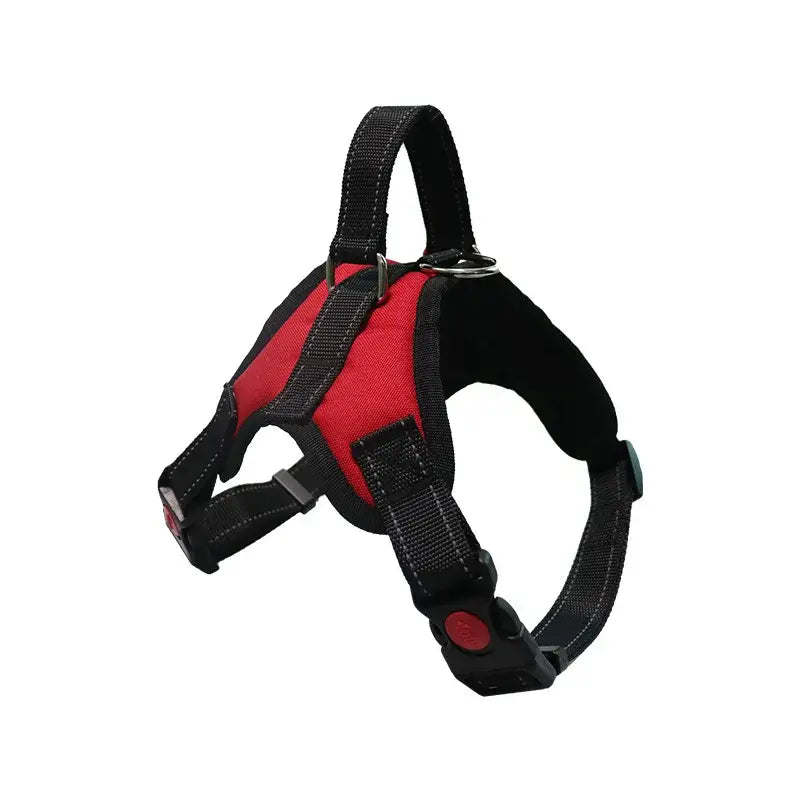 Red and black padded dog harness with adjustable straps.