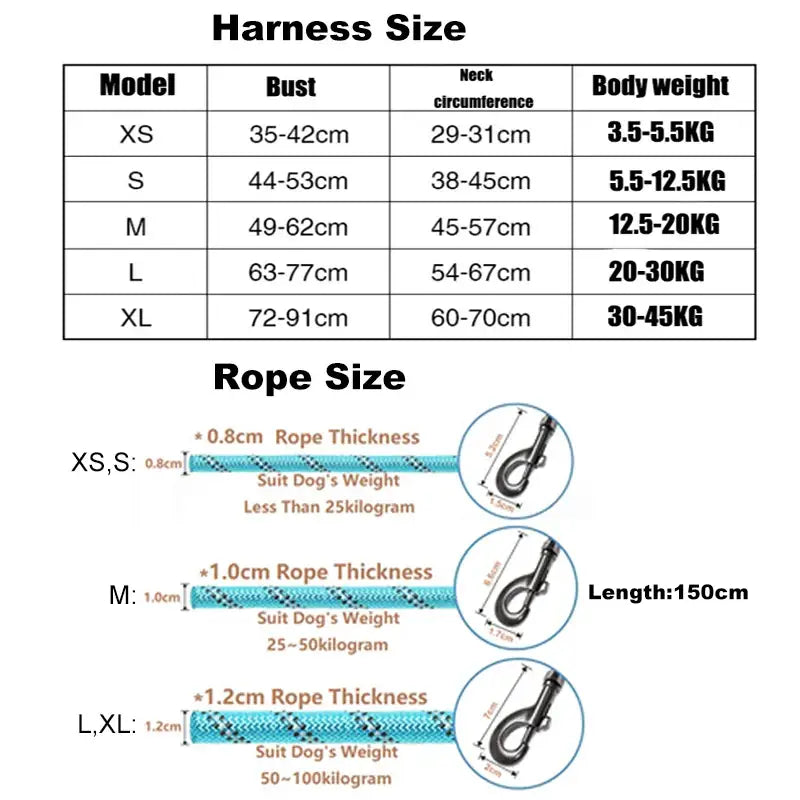 Size chart for dog harnesses and leashes with measurements and weight ranges.