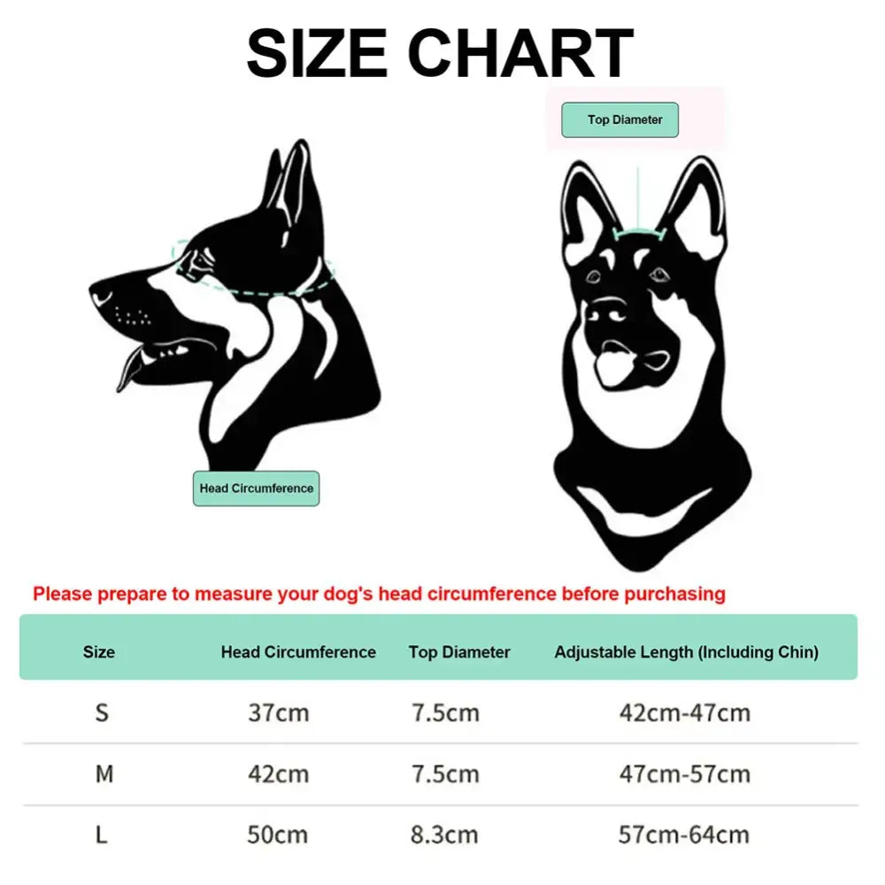 Size chart for dog head measurements with illustrations of two dog heads.