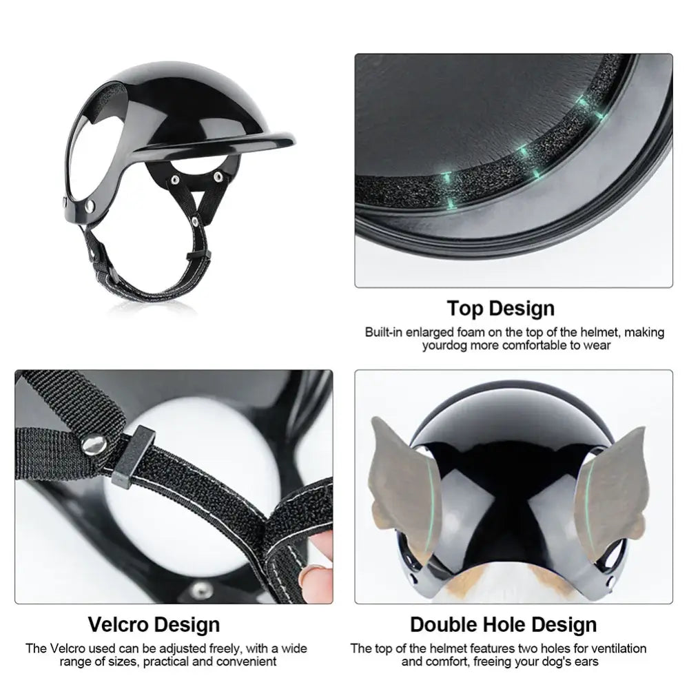 Sleek black and white protective helmet for dogs with ventilation features and adjustable straps.