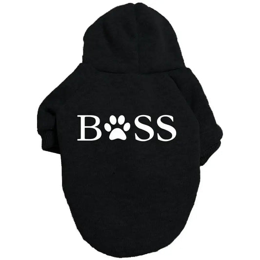 Black dog hoodie with ’BOSS’ printed in white, featuring a paw print as the ’O’.