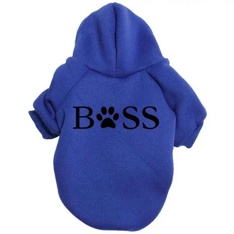 Blue dog hoodie with ’BOSS’ printed on the back, featuring a paw print as the ’O’.