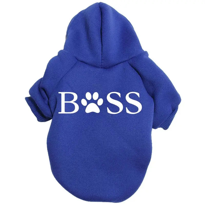 Blue hooded sweatshirt for a dog with ’BOSS’ printed on the back, featuring a paw print as the ’O’.