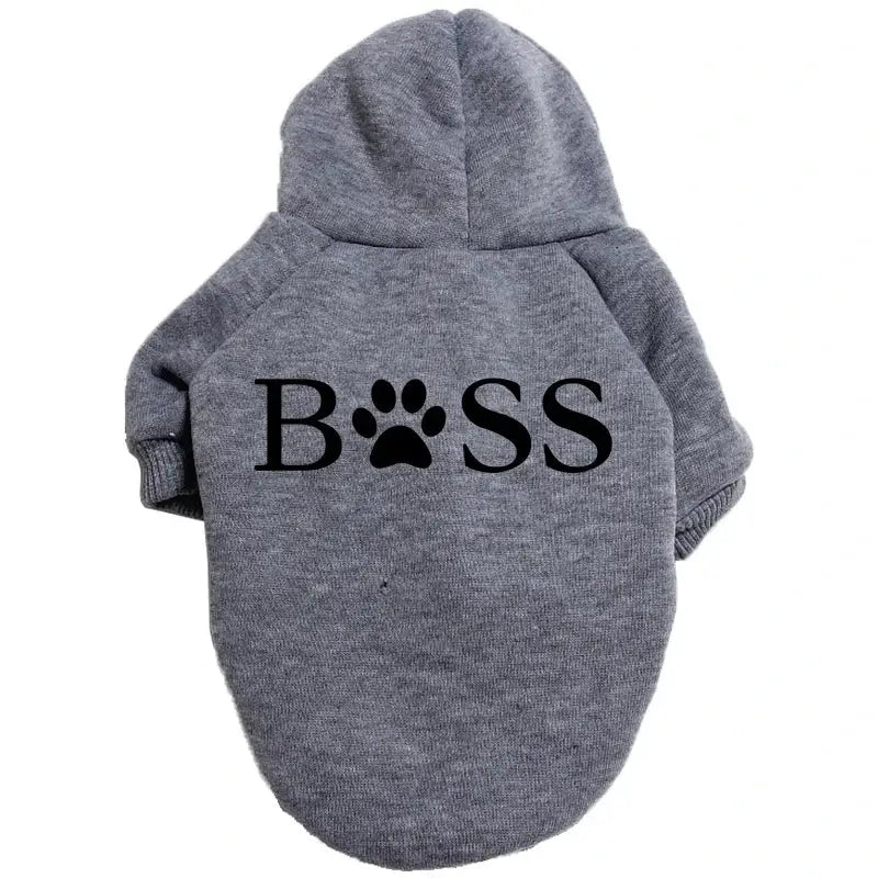 Gray hooded pet sweater with ’BOSS’ printed on it, featuring a paw print as the ’O’.