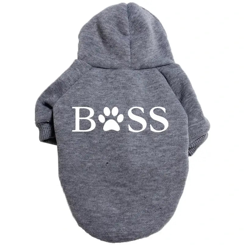 Gray pet hoodie with ’BOSS’ printed on the back, featuring a paw print as the ’O’.