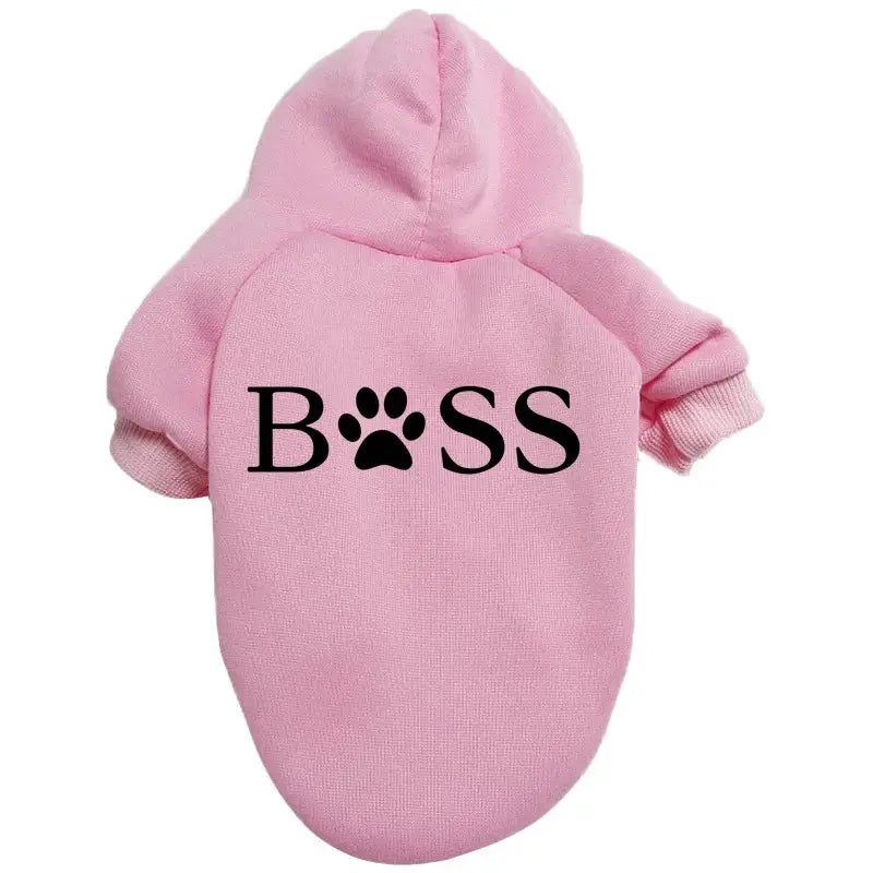 Pink dog hoodie with ’BOSS’ printed on it, featuring a paw print instead of the letter ’O’.