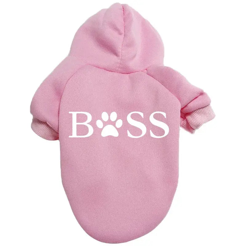 Pink hooded sweatshirt for a pet with ’BOSS’ printed on the back, featuring a paw print as the ’O’.