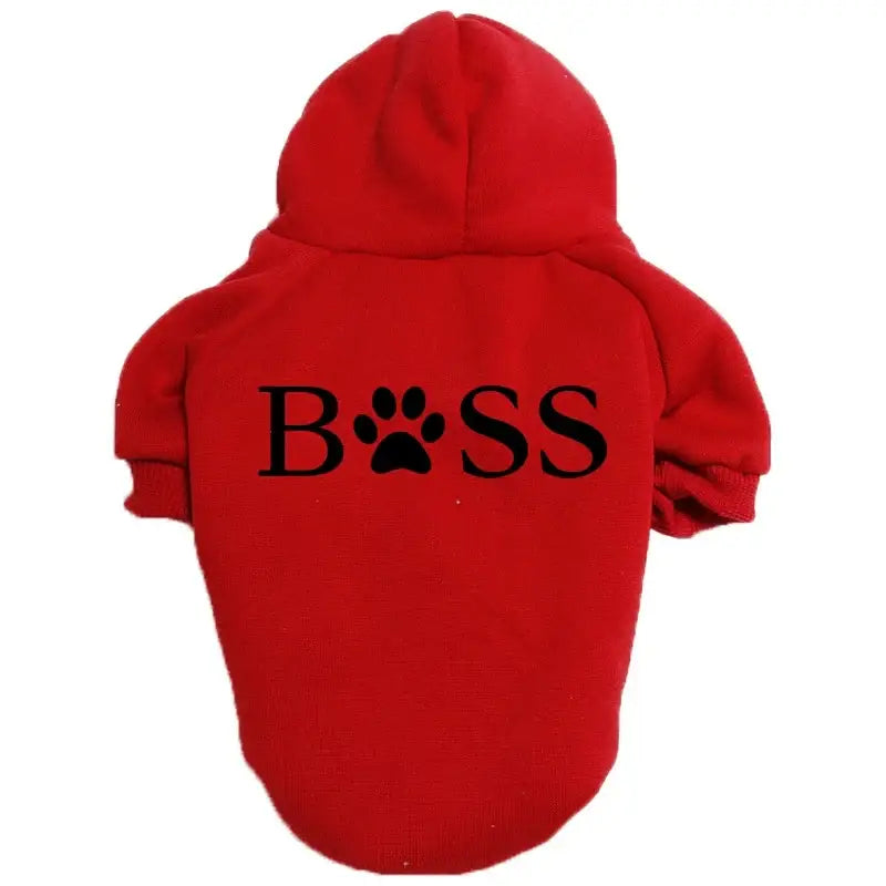 Red dog hoodie with ’BOSS’ printed on it, featuring a paw print instead of the letter ’O’.