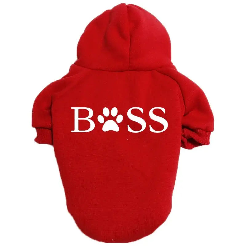 Red dog hoodie with ’BOSS’ printed on it, featuring a paw print in place of the ’O’.