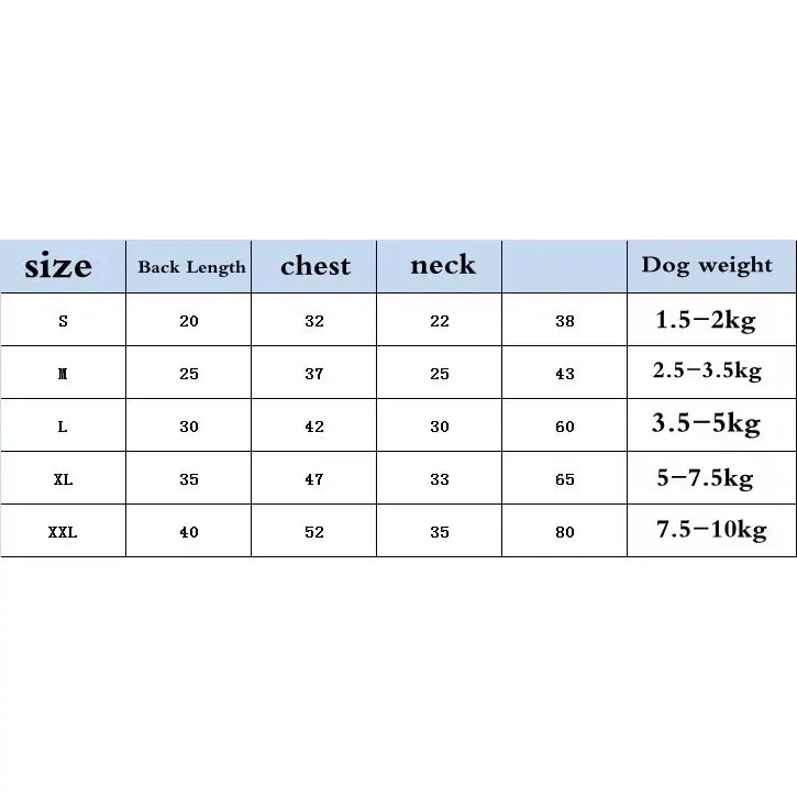 Size chart for dog clothing or accessories showing measurements for different dog sizes.