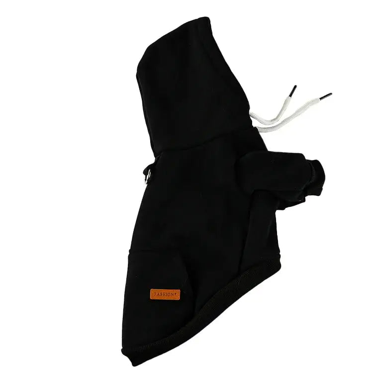 Black hooded neck gaiter or balaclava with drawstrings.