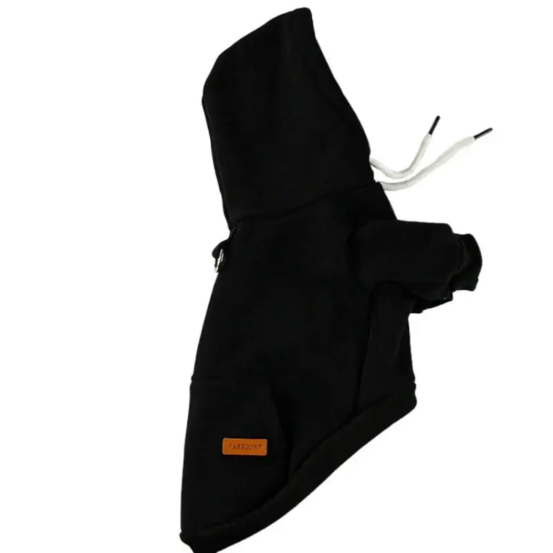 Black hooded neck warmer or balaclava with drawstrings.