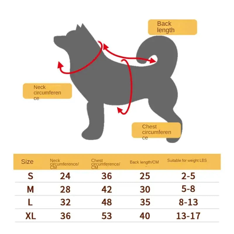 Sizing chart for dog harnesses or clothing showing measurements and sizes.