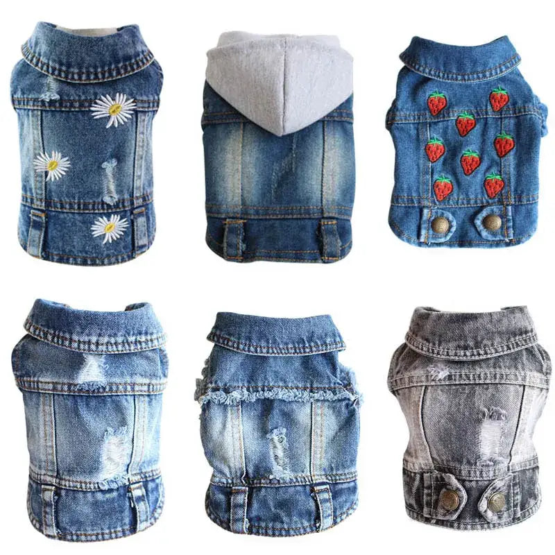 Collection of denim dog vests with various designs and embellishments.