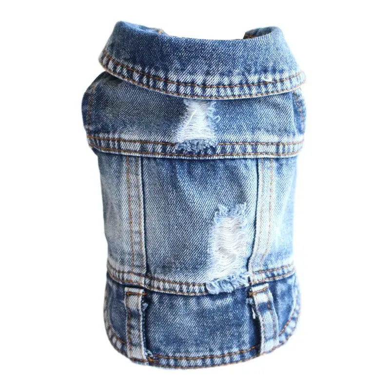 Denim jacket or vest designed for a dog or small pet.