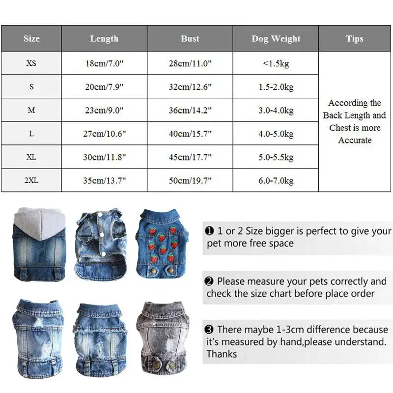 Size chart for dog clothing with accompanying product images of denim pet vests.