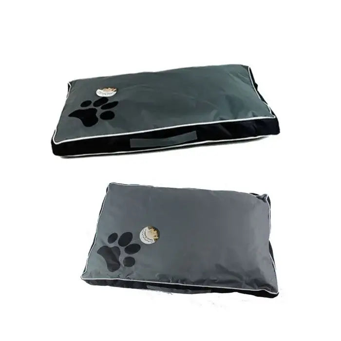 Pet beds or cushions with paw print designs on dark-colored fabric covers.