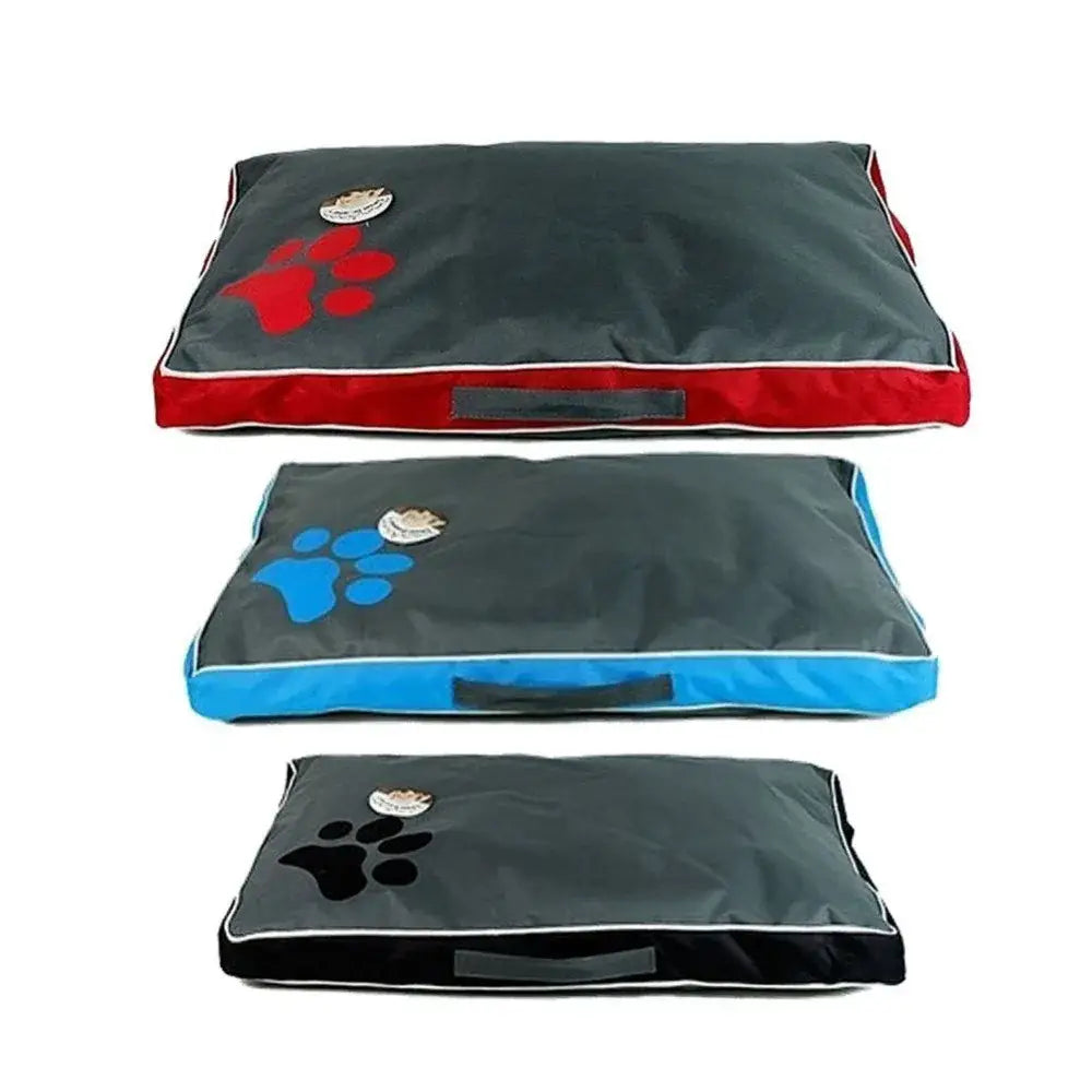 Pet beds with paw print designs in red, blue, and black color options.