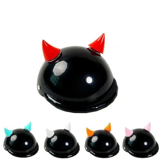 Black helmet with red devil horns, accompanied by smaller versions in different horn colors.