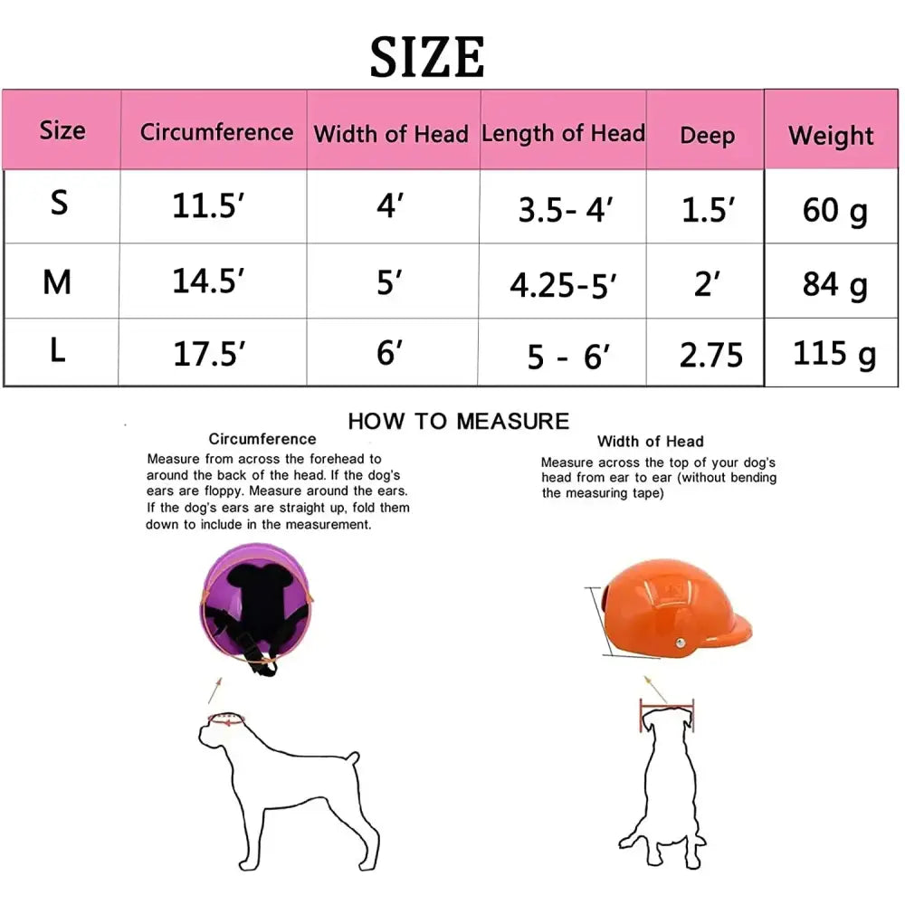 Size chart for dog helmets or protective headgear.