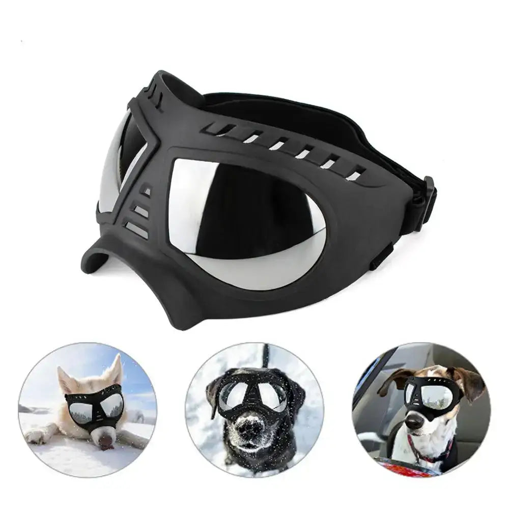 Dog goggles with a black frame and reflective lens.