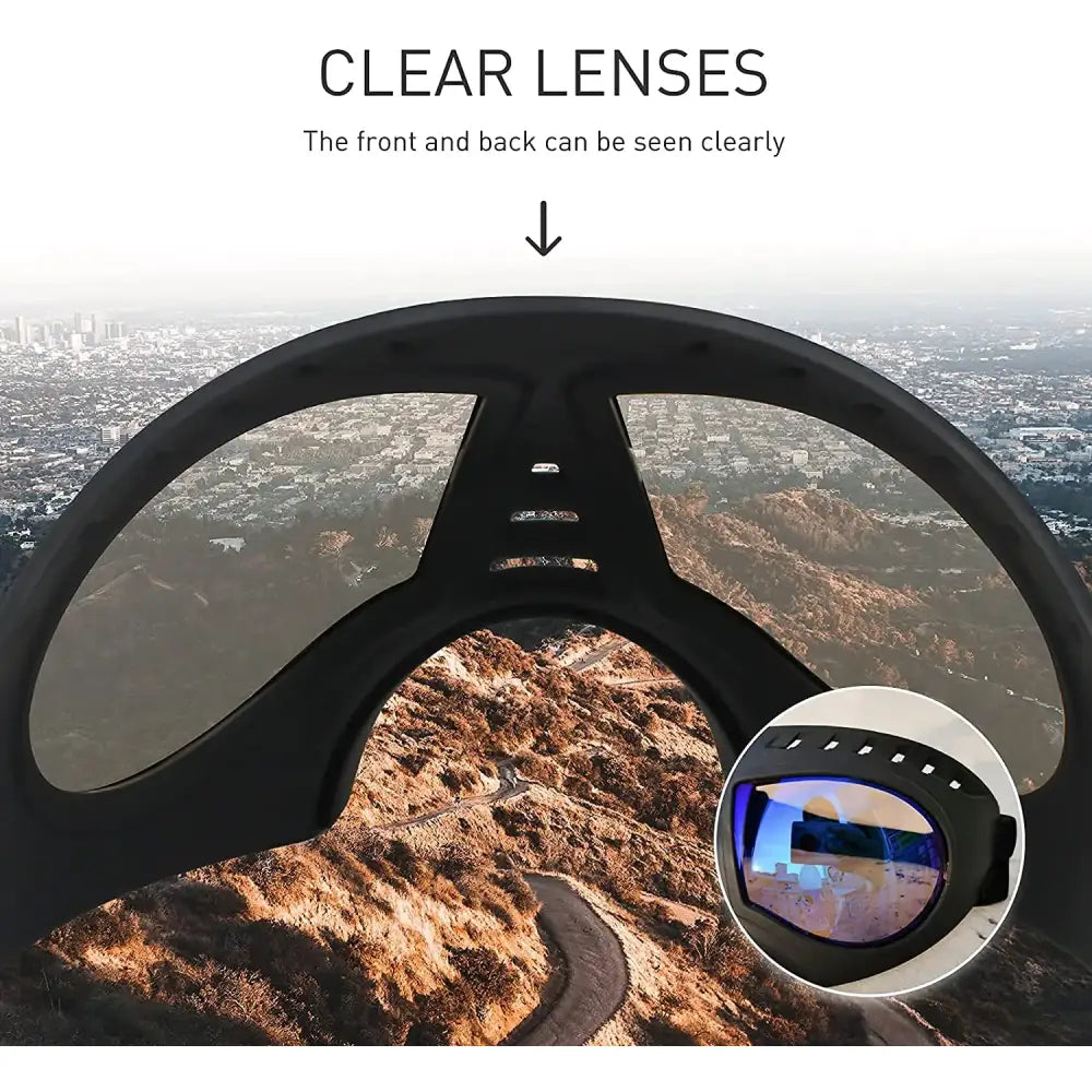 Pair of wraparound sunglasses with clear lenses showing different landscape views.